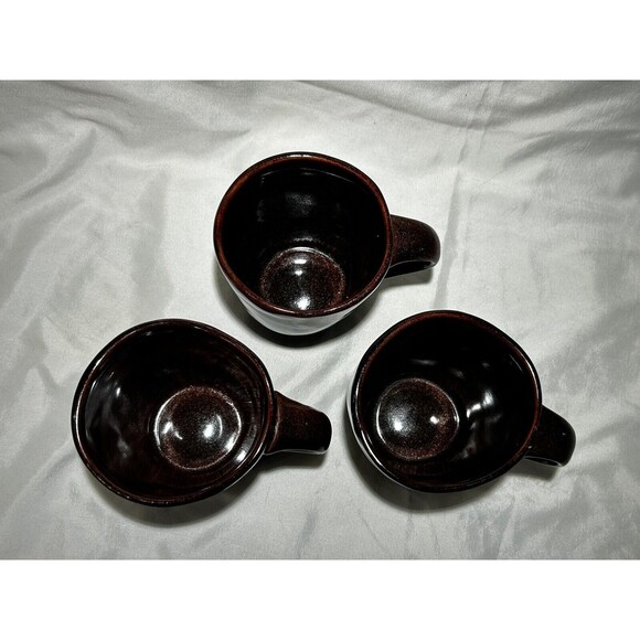 Brown Ceramic Coffee Tea Mugs Set Of 3 Pottery Glazed - Picture 2 of 4